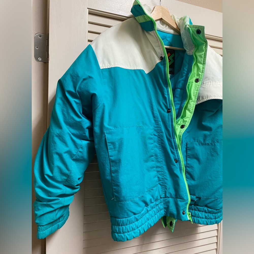 Vintage Steep Slopes Puffer Jacket Blue White Yellow 80s Snow - Womens Medium - Picture 3 of 16
